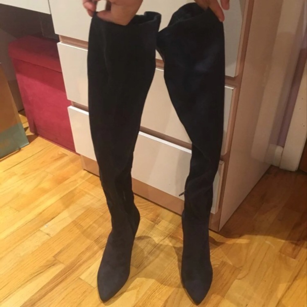 Navy Blue Suede Knew-High Boots